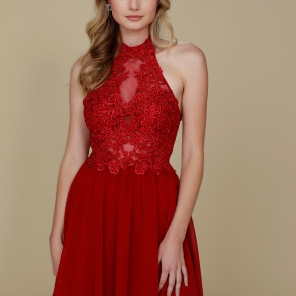 Burgundy Beaded Lace Top with Chiffon Flare Skirt - Picture 3 of 6